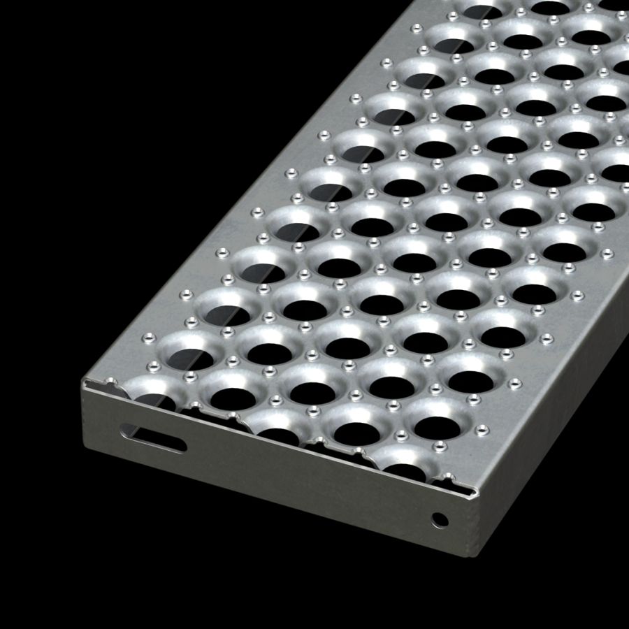 McNICHOLS® Stair Treads Plank Grating, Plank, Stair Tread, PERF-O GRIP®, Galvanized Steel, ASTM A-924, 13 Gauge (.0934" Thick), 5-Hole (10" Width), 2" Channel Depth, Slip-Resistant Surface, No Nosing, CP-PG-1020 Plank Grating Stair Tread Carrier Plates Attached, 35% Open Area