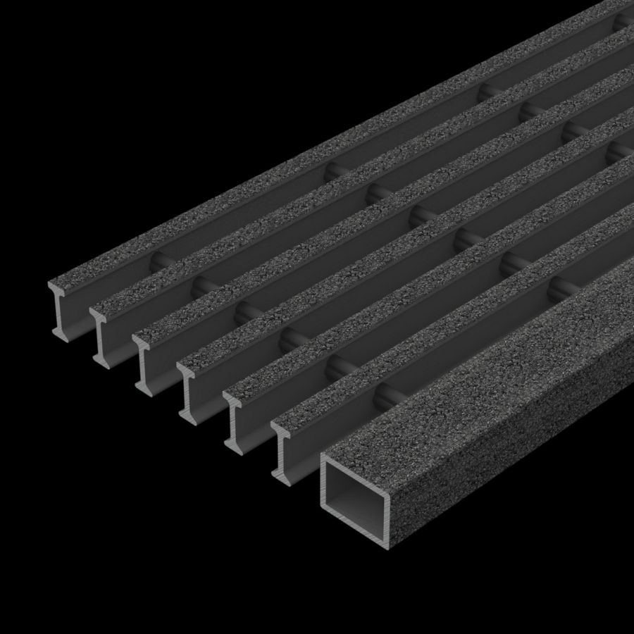 McNICHOLS® Stair Treads Fiberglass Grating, Pultruded, Stair Tread Panel, I-Bar, MS-I-ST-6015 - DURAGRID®, Fiberglass, SPF Polyester Resin, Gray, 1.500" Height x 0.600" Top Flange Width I-Bar, Medium Grit Surface, 2.000" Wide Integral Nosing on One Side of Stair Tread Panel Length, 60% Open Area