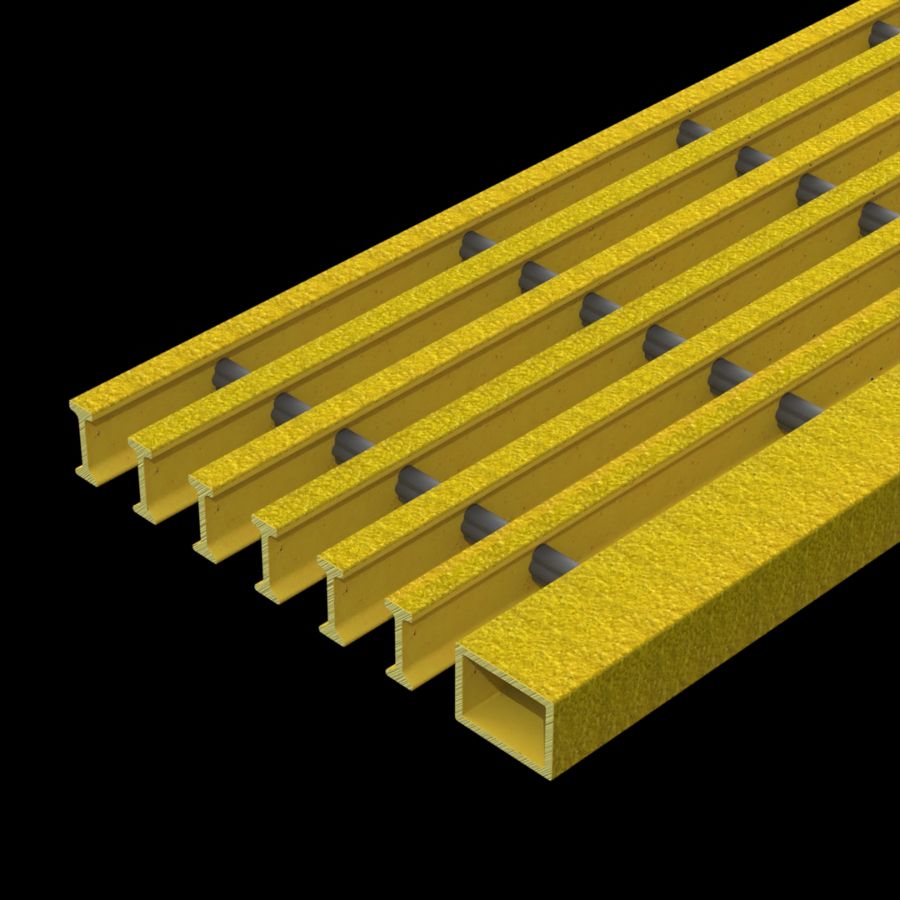 McNICHOLS® Stair Treads Fiberglass Grating, Pultruded, Stair Tread Panel, I-Bar, MS-I-ST-6015 - DURAGRID®, Fiberglass, SPF Polyester Resin, Yellow, 1.500" Height x 0.600" Top Flange Width I-Bar, Medium Grit Surface, 2.000" Wide Integral Nosing on One Side of Stair Tread Panel Length, 60% Open Area McNICHOLS® Stair Treads Fiberglass Grating, Pultruded, Stair Tread Panel, I-Bar, MS-I-ST-6015 - DURAGRID®, Fiberglass, SPF Polyester Resin, Yellow, 1.500" Height x 0.600" Top Flange Width I-Bar, Medium Grit Surface, 2.000" Wide Integral Nosing on One Side of Stair Tread Panel Length, 60% Open Area