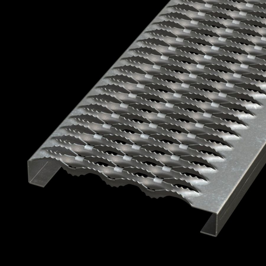 McNICHOLS® Plank Grating Stair Tread Plank, GRIP STRUT®, Galvanized Steel, ASTM A-653 G90, 14 Gauge (.0785" Thick), 4-Diamond-N (10-1/2" Width), 1-1/2" Channel Depth, Serrated Surface, 45% Open Area
