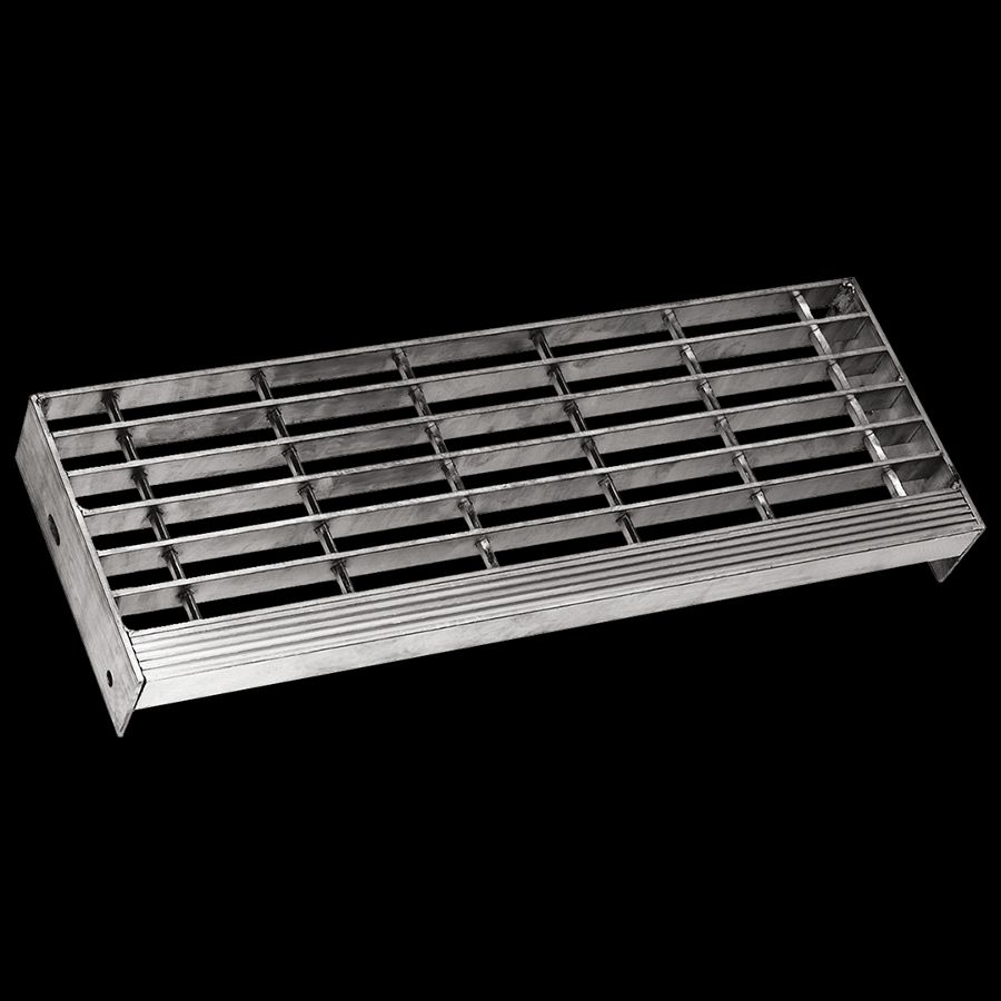 McNICHOLS® Stair Treads Bar Grating, Swage-Locked, Stair Tread, Rectangular Bar, GAL-100, 19-S-4 Spacing, Aluminum, Alloy 6063-T6, 1" x 3/16" Rectangular Bars, Smooth Surface, Corrugated 90° Angle Nosing, CP-BG-1230 Bar Grating Stair Tread Carrier Plates Attached, 80% Open Area