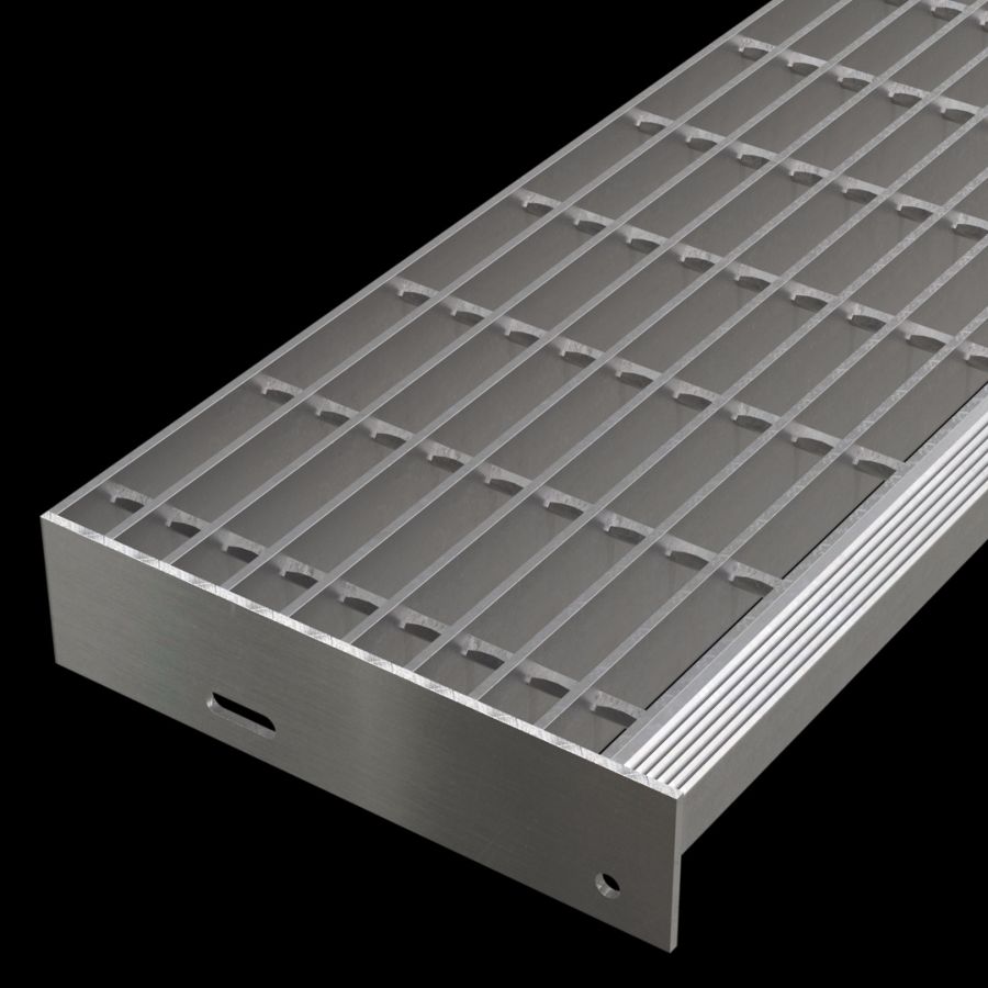 McNICHOLS® Stair Treads Bar Grating, Swage-Locked, Stair Tread, Rectangular Bar, GAL-150, 19-S-4 Spacing, Aluminum, Alloy 6063-T6, 1-1/2" x 3/16" Rectangular Bars, Smooth Surface, Corrugated 90° Angle Nosing, CP-BG-1230 Bar Grating Stair Tread Carrier Plates Attached, 80% Open Area McNICHOLS® Stair Treads Bar Grating, Swage-Locked, Stair Tread, Rectangular Bar, GAL-150, 19-S-4 Spacing, Aluminum, Alloy 6063-T6, 1-1/2" x 3/16" Rectangular Bars, Smooth Surface, Corrugated 90° Angle Nosing, CP-BG-1230 Bar Grating Stair Tread Carrier Plates Attached, 80% Open Area