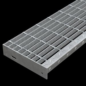 McNICHOLS&reg; Stair Treads Bar Grating, Standard-Duty Welded, Stair Tread, Rectangular Bar, GW-100, 19-W-4 Spacing, Galvanized Steel, Hot Dipped, 1" x 3/16" Rectangular Bars, Serrated Surface, Checkered Plate 90&deg; Angle Nosing, CP-BG-1025 Bar Grating Stair Tread Carrier Plates Attached, 77% Open Area