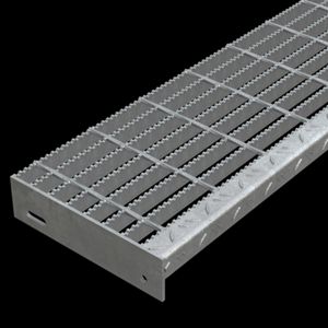 McNICHOLS&reg; Stair Treads Bar Grating, Standard-Duty Welded, Stair Tread, Rectangular Bar, GW-100, 19-W-4 Spacing, Galvanized Steel, Hot Dipped, 1" x 3/16" Rectangular Bars, Serrated Surface, Checkered Plate 90&deg; Angle Nosing, CP-BG-925 Bar Grating Stair Tread Carrier Plates Attached, 77% Open Area