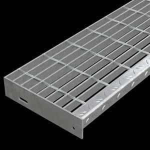 McNICHOLS&reg; Stair Treads Bar Grating, Standard-Duty Welded, Stair Tread, Rectangular Bar, GW-100, 19-W-4 Spacing, Galvanized Steel, Hot Dipped, 1" x 3/16" Rectangular Bars, Smooth Surface, Checkered Plate 90&deg; Angle Nosing, CP-BG-1025 Bar Grating Stair Tread Carrier Plates Attached, 77% Open Area