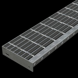 McNICHOLS&reg; Stair Treads Bar Grating, Standard-Duty Welded, Stair Tread, Rectangular Bar, GW-100, 19-W-4 Spacing, Galvanized Steel, Hot Dipped, 1" x 3/16" Rectangular Bars, Smooth Surface, Checkered Plate 90&deg; Angle Nosing, CP-BG-925 Bar Grating Stair Tread Carrier Plates Attached, 77% Open Area