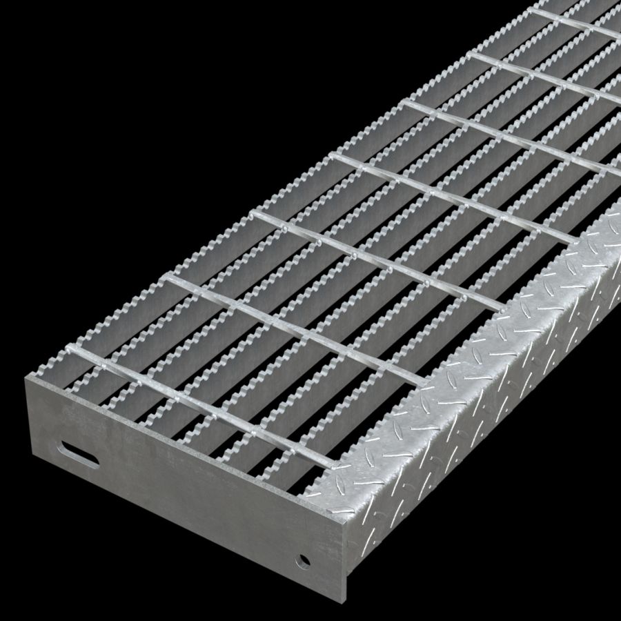McNICHOLS® Stair Treads Bar Grating, Standard-Duty Welded, Stair Tread, Rectangular Bar, GW-100, 19-W-4 Spacing, Galvanized Steel, Hot Dipped, 1" x 3/16" Rectangular Bars, Serrated Surface, Checkered Plate 90° Angle Nosing, CP-BG-925 Bar Grating Stair Tread Carrier Plates Attached, 77% Open Area