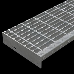 McNICHOLS&reg; Stair Treads Bar Grating, Standard-Duty Welded, Stair Tread, Rectangular Bar, GW-150, 19-W-4 Spacing, Galvanized Steel, Hot Dipped, 1-1/2" x 3/16" Rectangular Bars, Serrated Surface, Checkered Plate 90&deg; Angle Nosing, CP-BG-1230 Bar Grating Stair Tread Carrier Plates Attached, 77% Open Area
