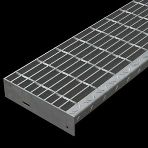 McNICHOLS&reg; Stair Treads Bar Grating, Standard-Duty Welded, Stair Tread, Rectangular Bar, GW-150, 19-W-4 Spacing, Galvanized Steel, Hot Dipped, 1-1/2" x 3/16" Rectangular Bars, Smooth Surface, Checkered Plate 90&deg; Angle Nosing, CP-BG-1230 Bar Grating Stair Tread Carrier Plates Attached, 77% Open Area