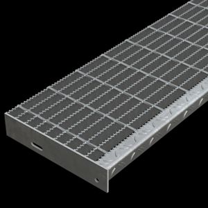 McNICHOLS&reg; Stair Treads Bar Grating, Standard-Duty Welded, Stair Tread, Rectangular Bar, GW-125, 19-W-4 Spacing, Galvanized Steel, Hot Dipped, 1-1/4" x 3/16" Rectangular Bars, Serrated Surface, Checkered Plate 90&deg; Angle Nosing, CP-BG-1025 Bar Grating Stair Tread Carrier Plates Attached, 77% Open Area