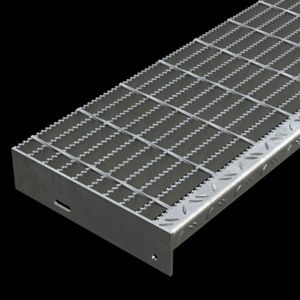McNICHOLS&reg; Stair Treads Bar Grating, Standard-Duty Welded, Stair Tread, Rectangular Bar, GW-125, 19-W-4 Spacing, Galvanized Steel, Hot Dipped, 1-1/4" x 3/16" Rectangular Bars, Serrated Surface, Checkered Plate 90&deg; Angle Nosing, CP-BG-1225 Bar Grating Stair Tread Carrier Plates Attached, 77% Open Area