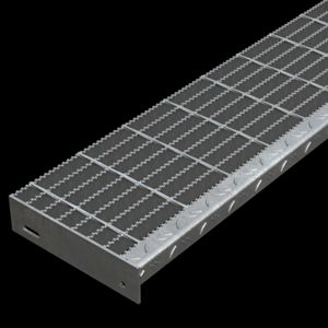 McNICHOLS&reg; Stair Treads Bar Grating, Standard-Duty Welded, Stair Tread, Rectangular Bar, GW-125, 19-W-4 Spacing, Galvanized Steel, Hot Dipped, 1-1/4" x 3/16" Rectangular Bars, Serrated Surface, Checkered Plate 90&deg; Angle Nosing, CP-BG-925 Bar Grating Stair Tread Carrier Plates Attached, 77% Open Area