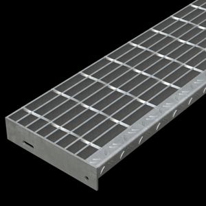 McNICHOLS&reg; Stair Treads Bar Grating, Standard-Duty Welded, Stair Tread, Rectangular Bar, GW-125, 19-W-4 Spacing, Galvanized Steel, Hot Dipped, 1-1/4" x 3/16" Rectangular Bars, Smooth Surface, Checkered Plate 90&deg; Angle Nosing, CP-BG-1025 Bar Grating Stair Tread Carrier Plates Attached, 77% Open Area