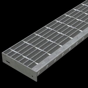 McNICHOLS&reg; Stair Treads Bar Grating, Standard-Duty Welded, Stair Tread, Rectangular Bar, GW-125, 19-W-4 Spacing, Galvanized Steel, Hot Dipped, 1-1/4" x 3/16" Rectangular Bars, Smooth Surface, Checkered Plate 90&deg; Angle Nosing, CP-BG-925 Bar Grating Stair Tread Carrier Plates Attached, 77% Open Area