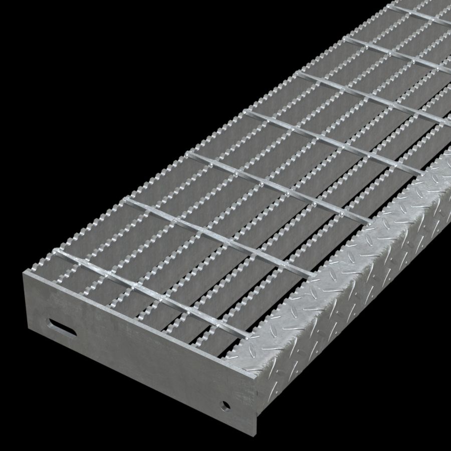 McNICHOLS® Stair Treads Bar Grating, Welded, Stair Tread, Rectangular Bar, GW-125, 19-W-4 Spacing, Galvanized Steel, Hot Dipped, 1-1/4" x 3/16" Rectangular Bars, Serrated Surface, Checkered Plate 90° Angle Nosing, CP-BG-925 Bar Grating Stair Tread Carrier Plates Attached, 77% Open Area McNICHOLS® Stair Treads Bar Grating, Welded, Stair Tread, Rectangular Bar, GW-125, 19-W-4 Spacing, Galvanized Steel, Hot Dipped, 1-1/4" x 3/16" Rectangular Bars, Serrated Surface, Checkered Plate 90° Angle Nosing, CP-BG-925 Bar Grating Stair Tread Carrier Plates Attached, 77% Open Area
