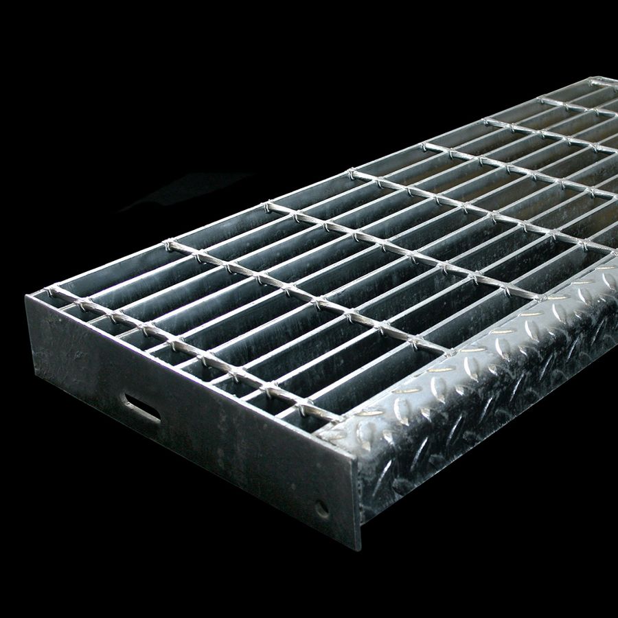 McNICHOLS® Stair Treads Bar Grating, Standard-Duty Welded, Stair Tread, Rectangular Bar, GW-125, 19-W-4 Spacing, Galvanized Steel, Hot Dipped, 1-1/4" x 3/16" Rectangular Bars, Smooth Surface, Checkered Plate 90° Angle Nosing, CP-BG-1225 Bar Grating Stair Tread Carrier Plates Attached, 77% Open Area