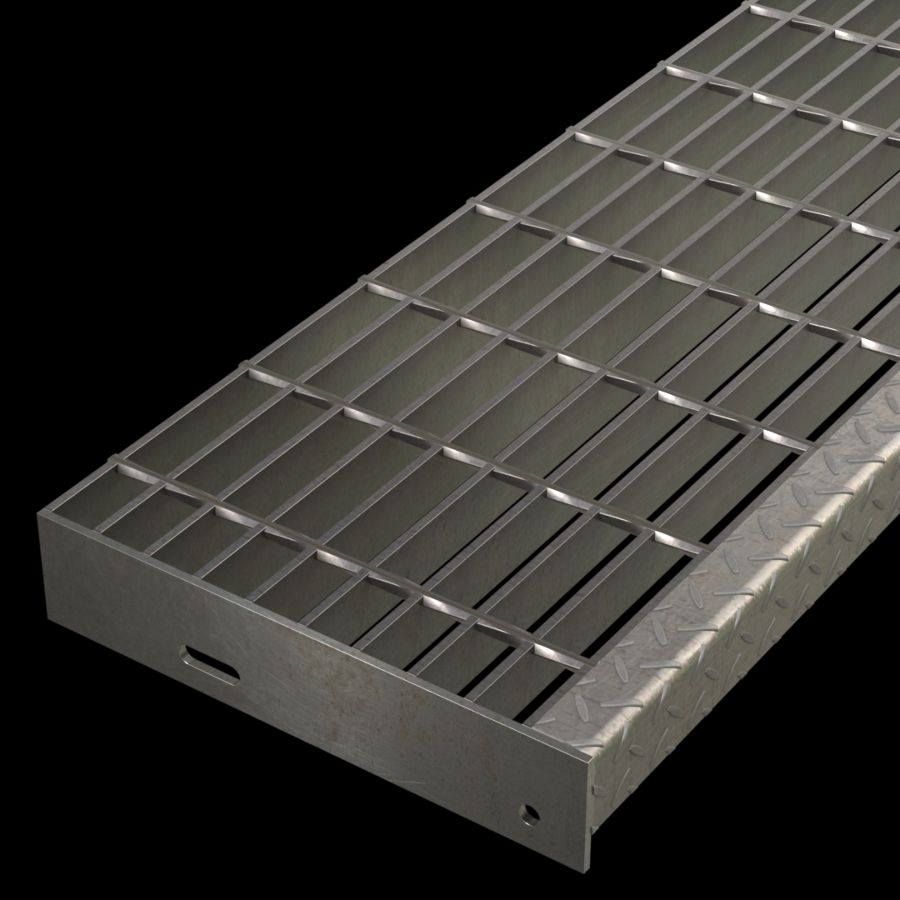 McNICHOLS® Stair Treads Bar Grating, Standard-Duty Welded, Stair Tread, Rectangular Bar, GW-125, 19-W-4 Spacing, Carbon Steel, Hot Rolled, 1-1/4" x 3/16" Rectangular Bars, Smooth Surface, Checkered Plate 90° Angle Nosing, CP-BG-1225 Bar Grating Stair Tread Carrier Plates Attached, 77% Open Area
