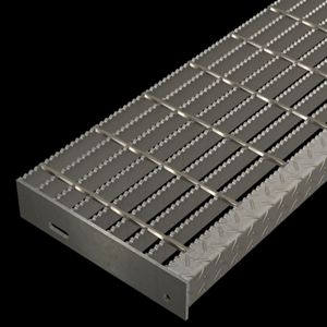 McNICHOLS® Stair Treads Bar Grating, Standard-Duty Welded, Stair Tread, Rectangular Bar, GW-125, 19-W-4 Spacing, Carbon Steel, Hot Rolled, 1-1/4" x 3/16" Rectangular Bars, Serrated Surface, Checkered Plate 90° Angle Nosing, CP-BG-1225 Bar Grating Stair Tread Carrier Plates Attached, 77% Open Area